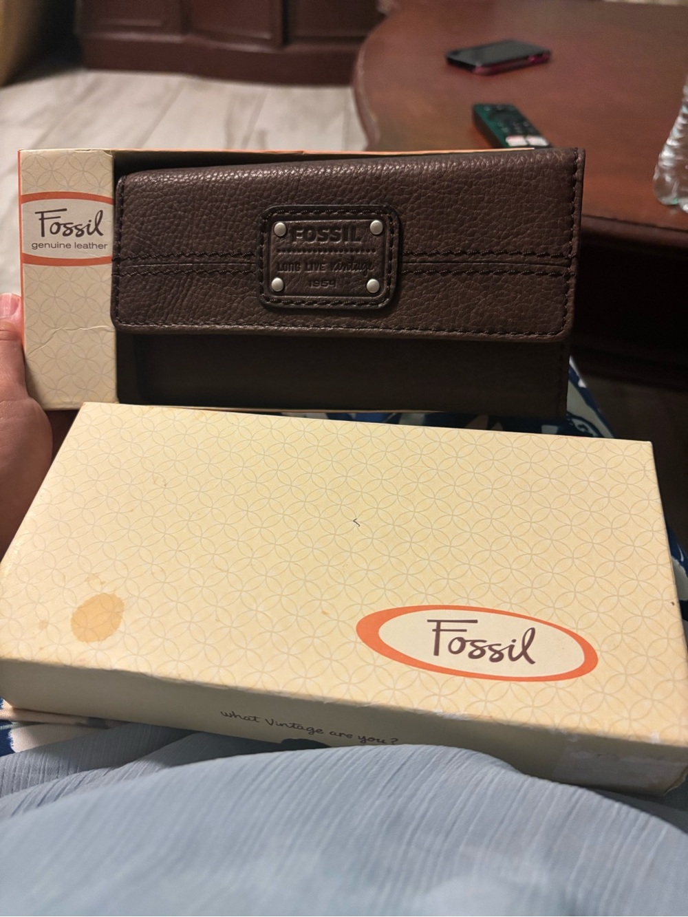 Fossil Dark Brown Tri-Fold Leather Wallet with ID Window